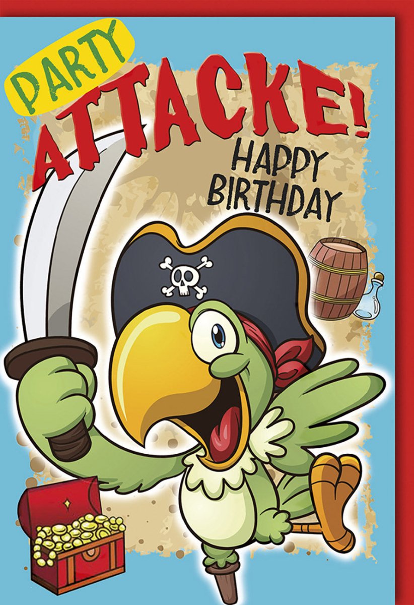 Geburtstagskarte für Kindergeburtstag - Piratenparty Einladung mit Schatzkiste, Papagei Motiv - Bunte & Lustige Cartoon - Illustration - Perfekt für Jungen & Mädchen Partydekoration, Spaß garantiert