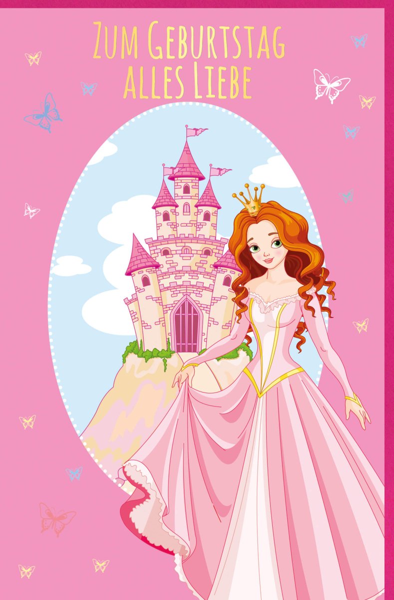 Geburtstagskarte für Mädchen – Prinzessin Schloss Motiv, Rosa Märchen mit Schmetterlingen, Glückwünsche & Gratulation, Doppelkarte