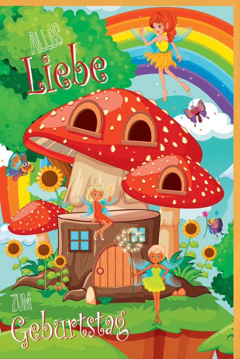 Geburtstagskarte für Mädchen - Zauberhafte Feen & Pilzhaus Motiv, Regenbogen Farbenfrohe Glückwünsche, Niedliche Fantasy Illustration