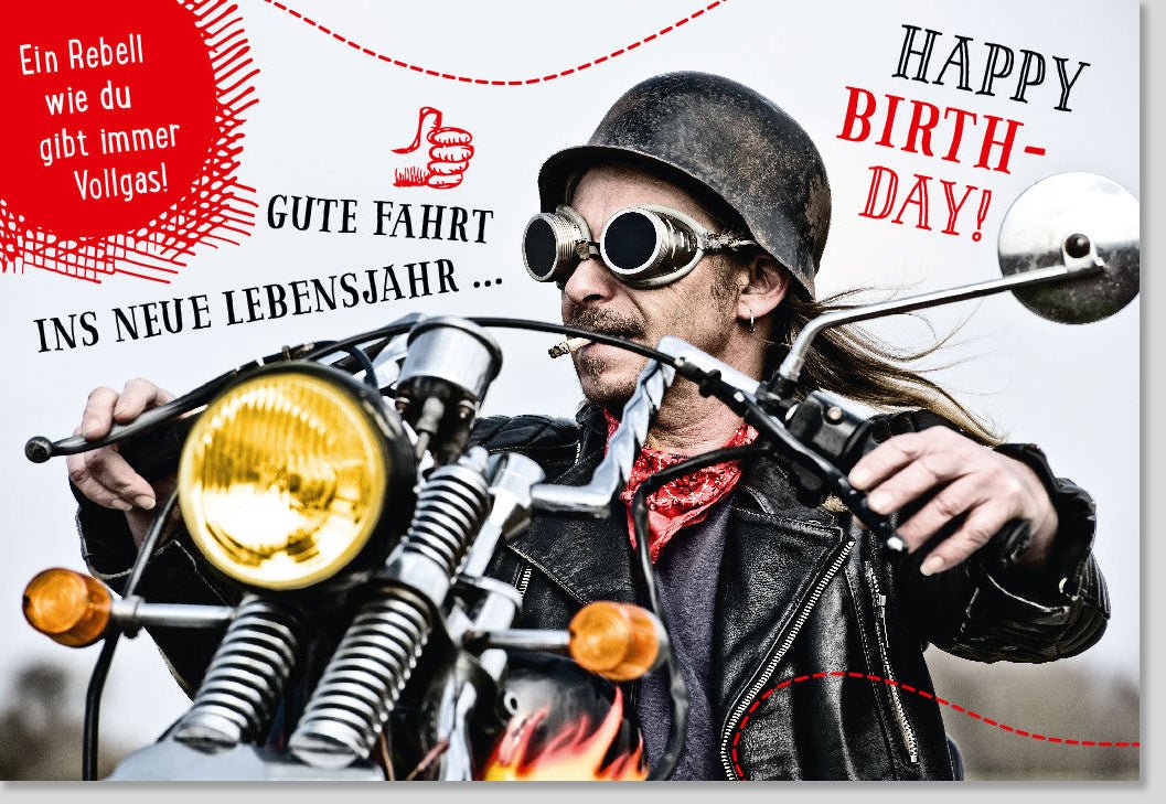 Geburtstagskarte für Männer - Coole Biker Happy Birthday Doppelkarte mit Motorrad, Lederjacke, Helm & Sonnenbrille im Vintage - Stil