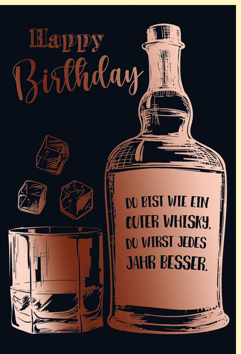 Geburtstagskarte für Männer - Elegante Whiskyflasche & Glas Motiv in Roségold Metallicfolie, Stilvolle Glückwunschkarte zum Geburtstag mit Humorvollen Spruch, Geschenkidee für Erwachsene, Dunkler Hintergrund