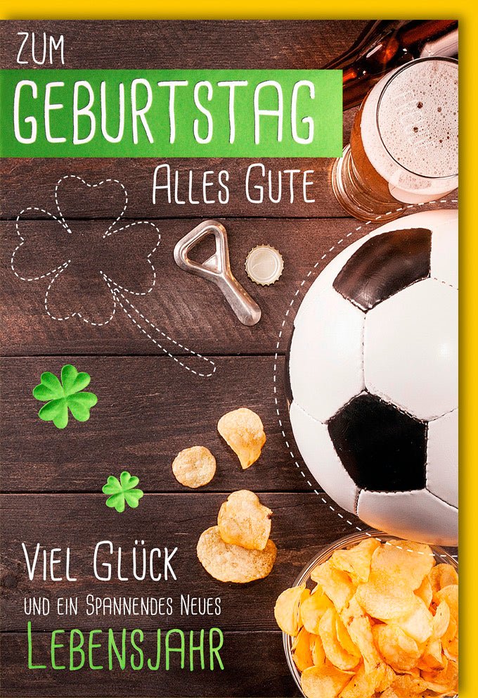 Geburtstagskarte für Männer - Fußball & Bier Motiv mit Chips, Witzigem Spruch, Party - Feier Humor, Sportliches Geschenk zur Gratulation
