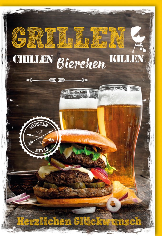 Geburtstagskarte für Männer - Grillen & Chillen Motiv, Lustige Hipster Bier & Burger Glückwunschkarte