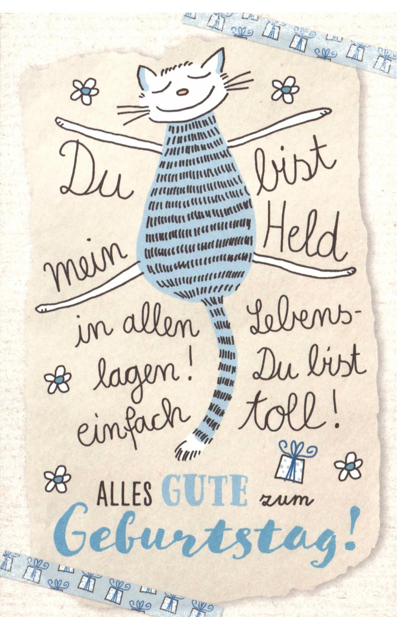 Geburtstagskarte für Männer - Held in allen Lebenslagen, Lustige Katze, Blaue Handschrift, Glückwunsch zum Geburtstag