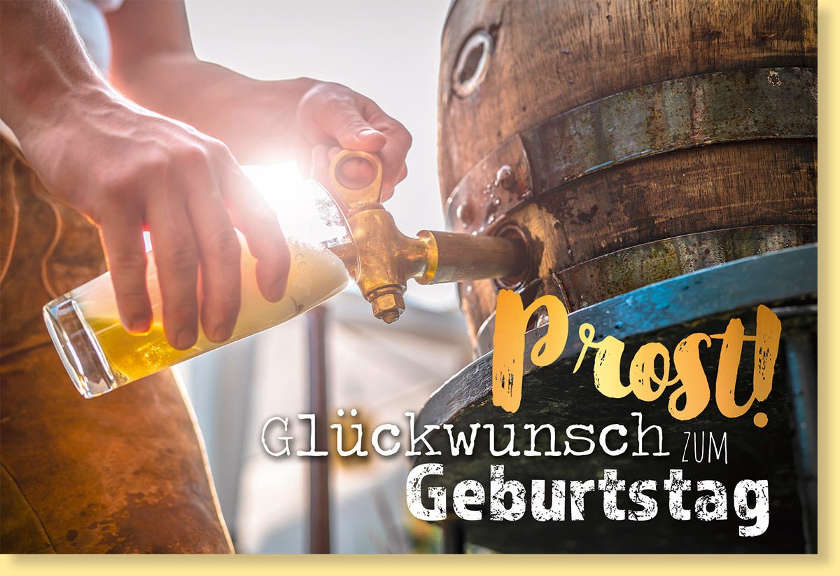 Geburtstagskarte für Männer - Lustige Bierglas & Fass Motiv Doppelkarte mit Zapfhahn, Goldfolie Veredelung - Witzige Glückwunschkarte zum Geburtstag, Party - Einladung für Herren, Geschenkkarte in Gelb
