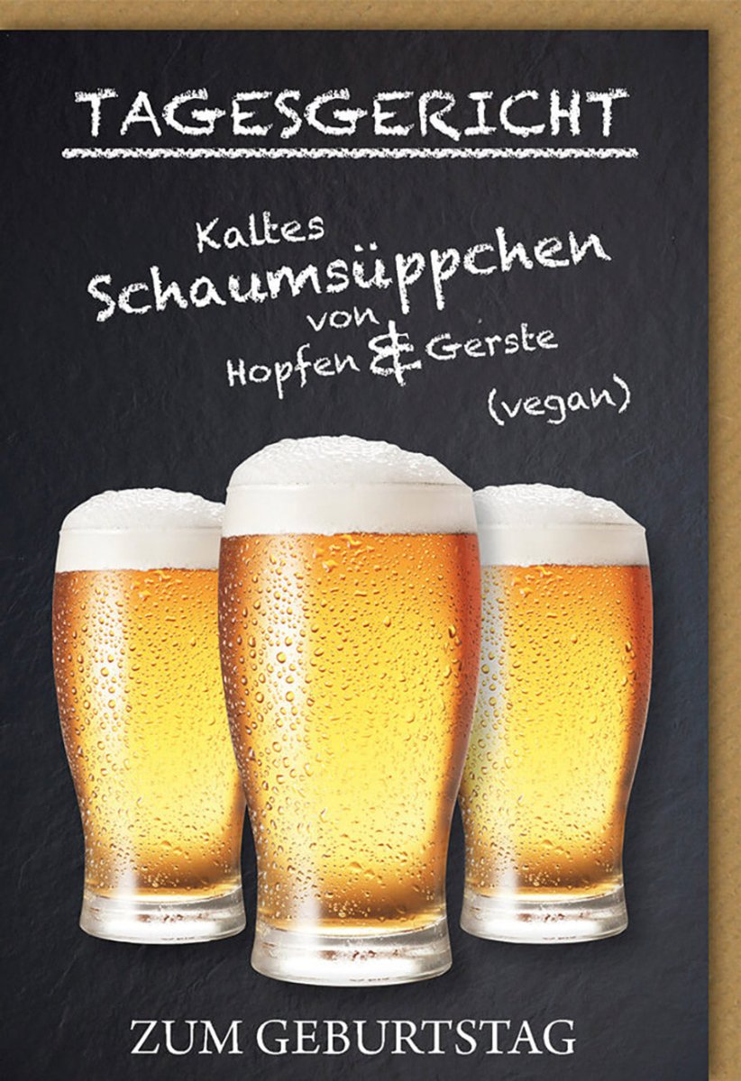 Geburtstagskarte für Männer - Lustige Doppelkarte mit Biergläser & Schaum Motiv, Tagesgericht Vegan, Hopfen & Gerste Design, Schwarz Gelb - Originelles Geschenk zur Feier & Party, Witzig für Erwachsenen Männergeburtstag