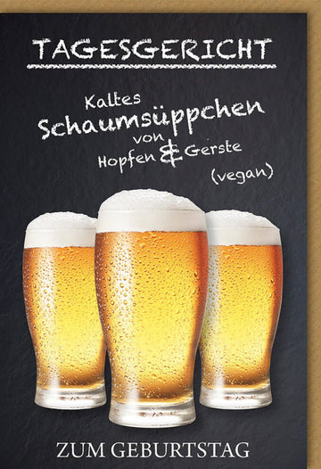 Geburtstagskarte für Männer - Lustige Doppelkarte mit Biergläser & Schaum Motiv, Tagesgericht Vegan, Hopfen & Gerste Design, Schwarz Gelb - Originelles Geschenk zur Feier & Party, Witzig für Erwachsenen Männergeburtstag