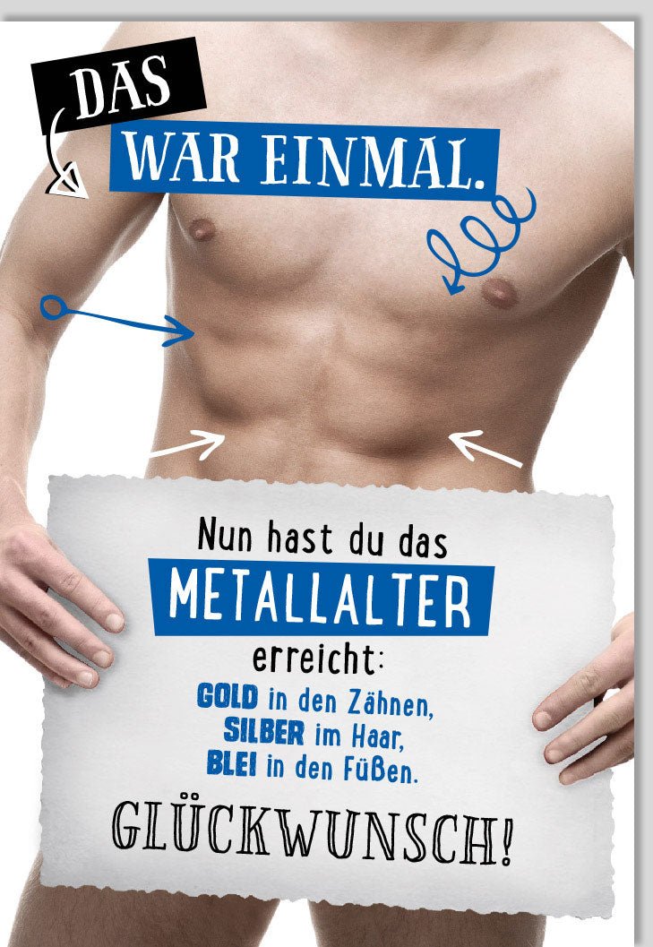 Geburtstagskarte für Männer - Lustige Doppelkarte mit Sixpack - Motiv, Spruch & Witz, Metallalter - Design in Gold & Silber, Humorvoller Scherz für Erwachsene, Blau
