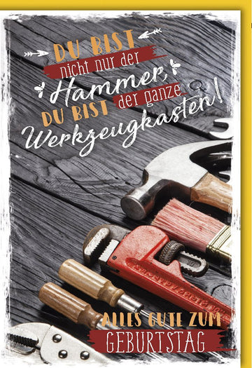 Geburtstagskarte für Männer - Lustige Spruchkarte mit Werkzeugen in Holzoptik, Humorvolle Glückwunsch - & Gratulationskarte, Vintage Design, Robustes Handwerk - Motiv, Ideal für Handwerker