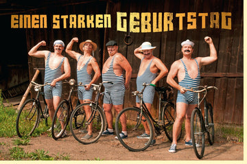 Geburtstagskarte für Männer - Lustige Vintage Fahrrad - Tour Karte mit Streifenmuster, Retro Gruppenfoto & Humor - Starke Freundschaft & Zusammenhalt, Outdoor - Design in Braun - Zielgruppe Erwachsene Männer