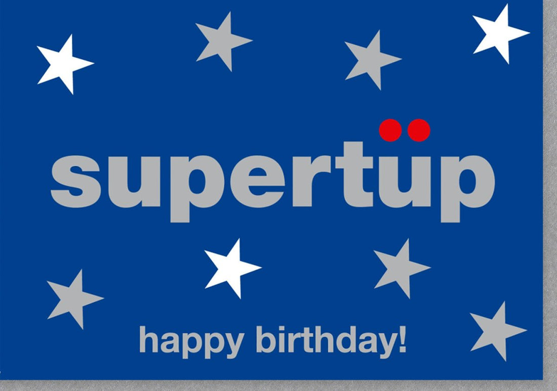 Geburtstagskarte für Männer - Moderne Glückwunschkarte mit Sternen, Blau & Schlichter Typografie - "Super Happy Birthday"