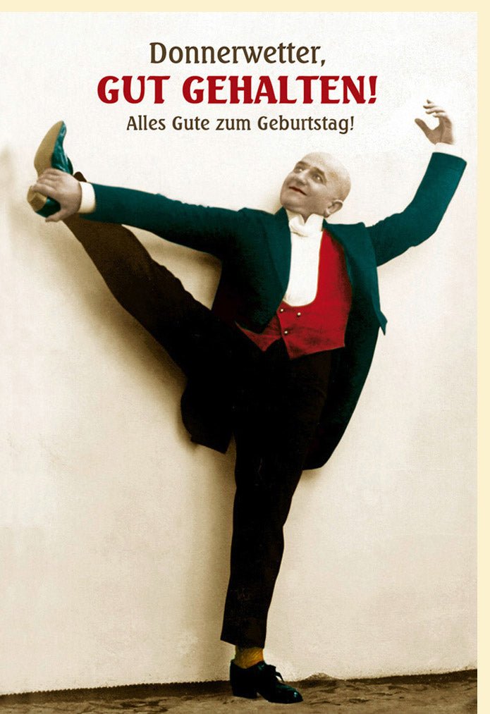 Geburtstagskarte für Männer - Retro Vintage Humor "Donnerwetter Gut Gehalten" - Stilvolle Glückwunsch Doppelkarte in Beige & Rot mit Witzigen Sprüchen - Elegante Geschenkidee für Herren & Senioren