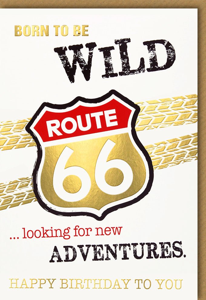 Geburtstagskarte für Männer - Route 66 Abenteuer, Motorrad Vintage - Stil, Retro Amerika Straßenschild, Klassische Happy Birthday Doppelkarte