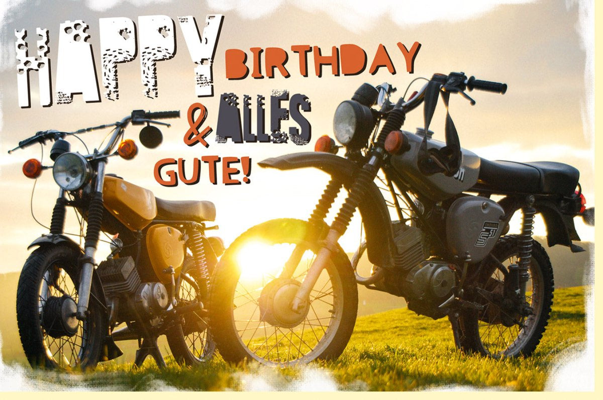 Geburtstagskarte für Männer - Vintage Motorrad auf Sonnenwiese, Retro Happy Birthday Grußkarte, Abenteuer & Freiheit Motiv