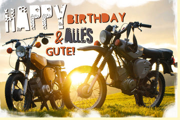 Geburtstagskarte für Männer - Vintage Motorrad auf Sonnenwiese, Retro Happy Birthday Grußkarte, Abenteuer & Freiheit Motiv