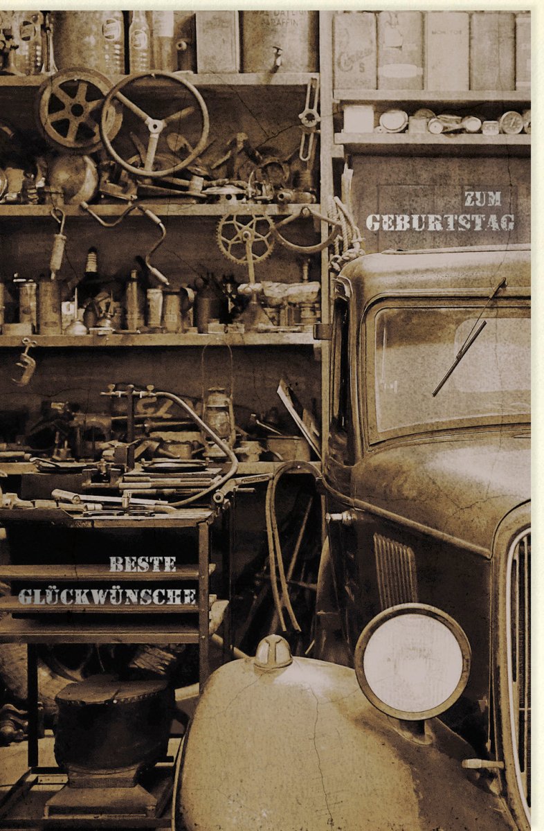 Geburtstagskarte für Männer - Vintage Oldtimer mit Werkzeug - Motiv, Retro Sepia - Stil mit Silberfolie, Glückwunschkarte für Auto - Sammler und Hobby - Bastler