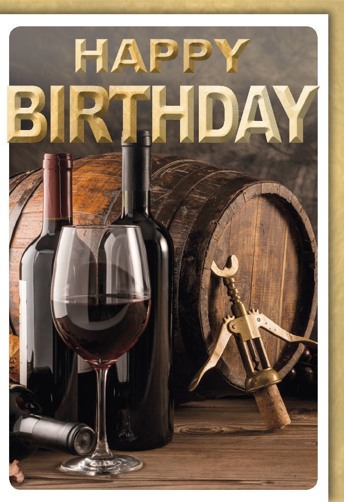 Geburtstagskarte für Männer - Vintage Wein & Weinfass Design, Rustikale Happy Birthday Karte mit Korkenzieher Motiv, Elegante Doppelkarte für Feier und Geburtstagsglückwünsche