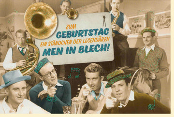 Geburtstagskarte für Musiker - Lustige Vintage Doppelkarte mit "Men in Blech" Band, Trompete, Posaune, Saxophon Motiv und Humorvollem Ständchen zur Gratulation