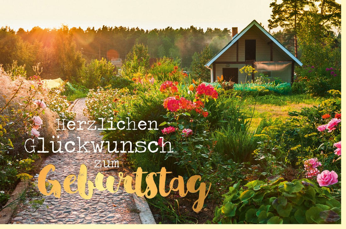 Geburtstagskarte für Naturliebhaber: Öko - Freundliche Doppelkarte mit Goldfolie, Blumen & Sonnenuntergang Design - Wärmende Grüße für Gärtner, Erwachsene und Senioren, Biologisch & Nachhaltig