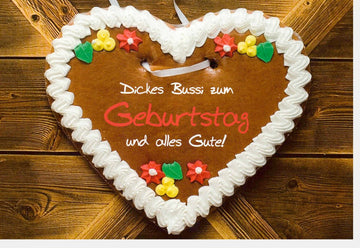 Geburtstagskarte für Partner: Romantische Doppelkarte mit Lebkuchenherz, Bussi & Liebe - Handgemachte Herzform Glückwünsche, Süße Schokoladenverzierung, Persönliche Zuneigung, Traditionell Festlich