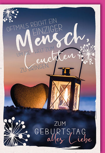 Geburtstagskarte für Partner – Romantische Liebe & Zweisamkeit am Meer, Herz - Laterne & Sonnenuntergang Design, Emotionale Glückwünsche voller Herzlichkeit und Innigkeit, 20x15 cm Doppelkarte