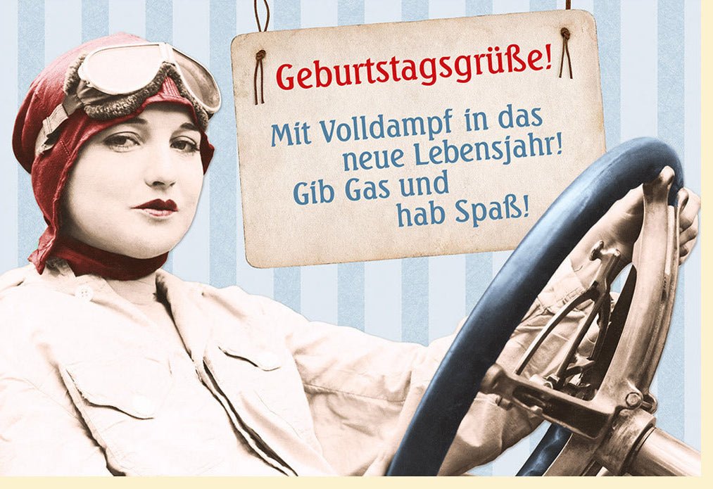 Geburtstagskarte für Sie: Witzige Retro - Pilotin im Flugzeug, Vintage Humor & Glückwunsch, Spaßige Gratulation mit Spruch - "Volldampf ins neue Lebensjahr!"