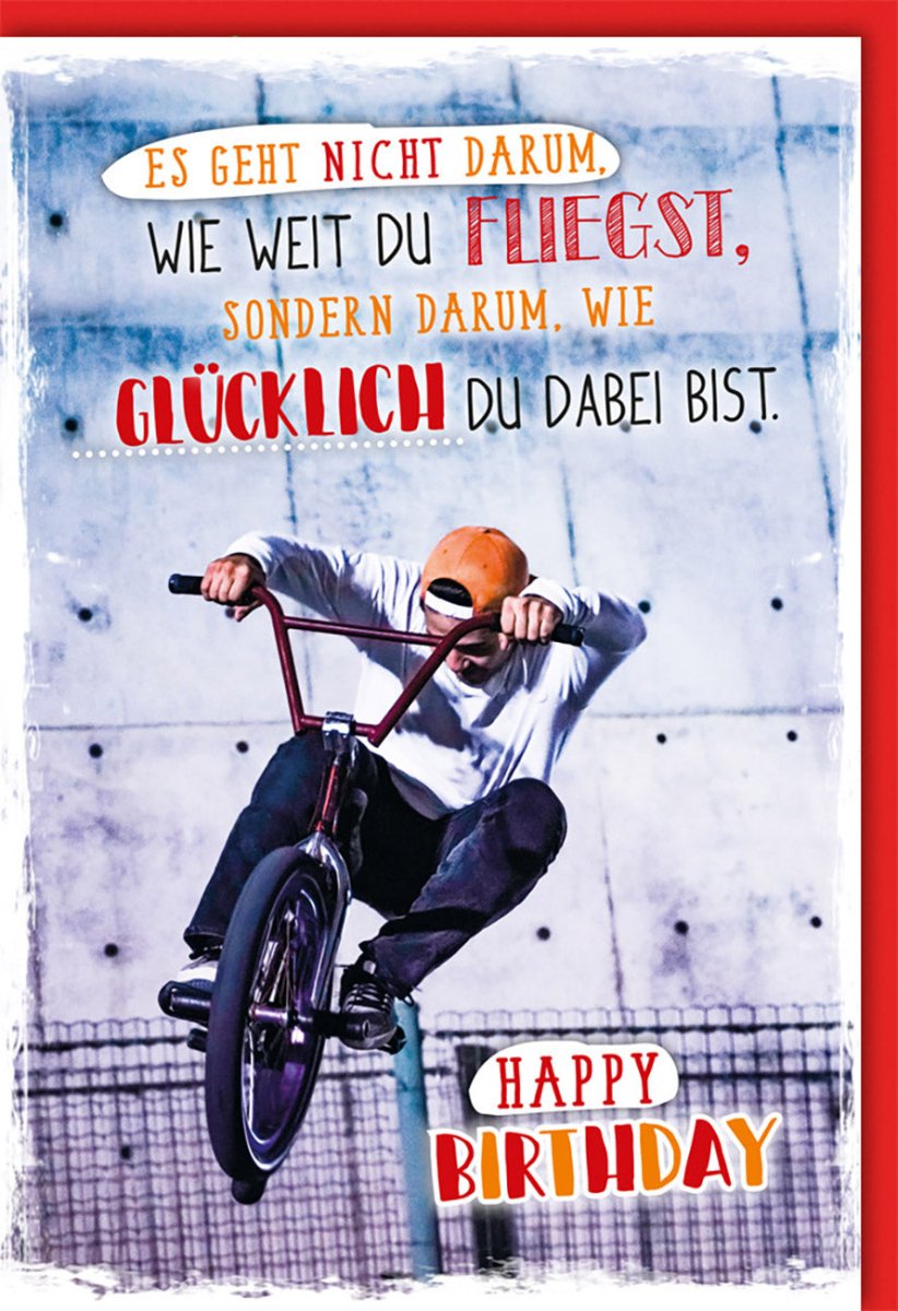 Geburtstagskarte für Sportbegeisterte – BMX Fahrrad Motiv mit Inspirierendem Spruch, Witzige Glückwunschkarte, Trendy Design für Junge Leute, Happy Birthday Karte voller Dynamik & Spaß