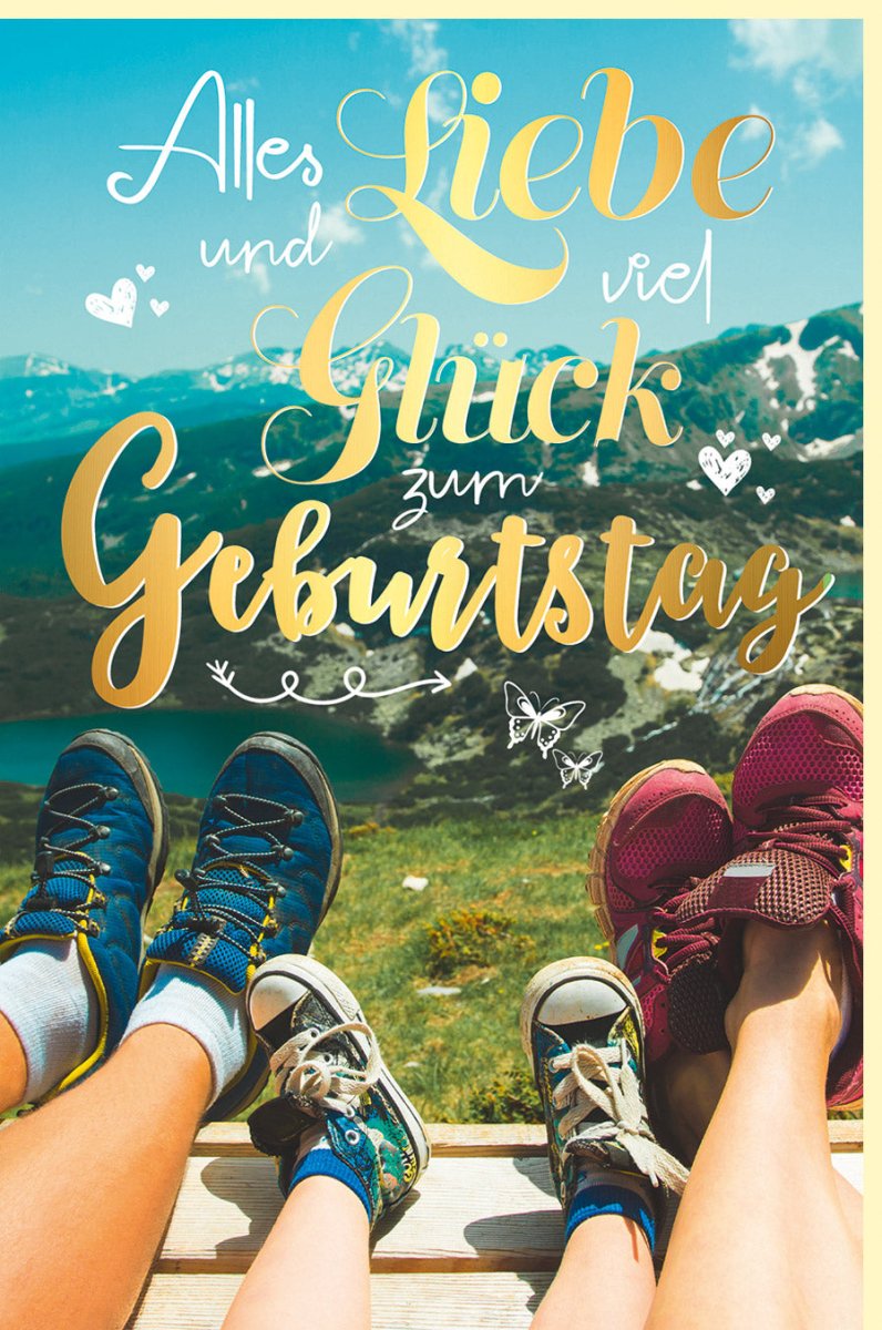 Geburtstagskarte für Wanderer & Naturfreunde - Berge & Füße Motiv mit Goldeffekt, Outdoor Abenteuer Doppelkarte, Erholung & Ruhe Landschaft Design, Herzliche Gratulation in Blau & Grün, Ideal für Erwachsene und Jugendliche