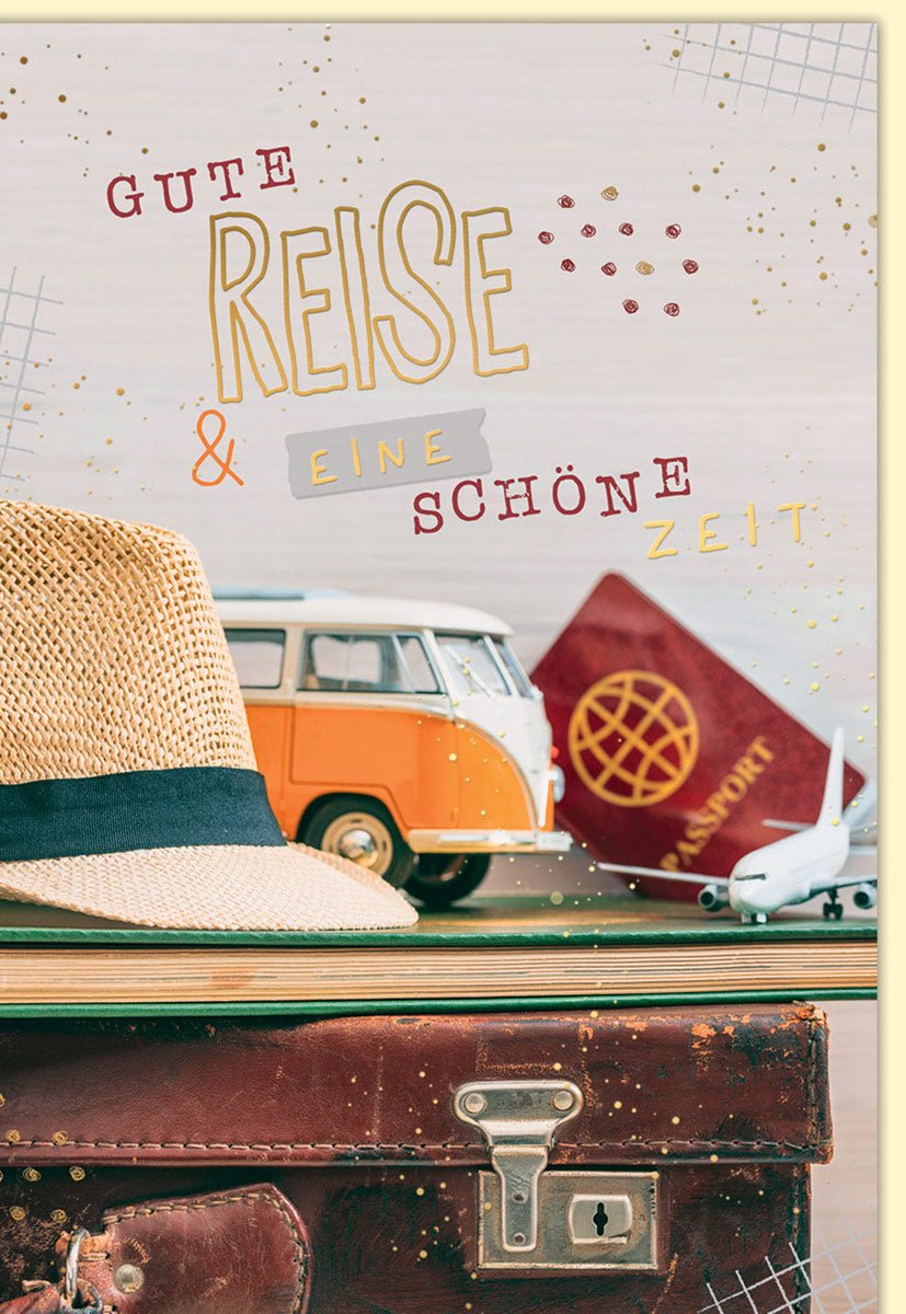 Geburtstagskarte Geldgeschenk Karte Gute Reise eine schöne Zeit mit Koffer Hut Reisepass Flugzeug und VW Bus Motiv für Urlauber und Reisende mit Umschlag