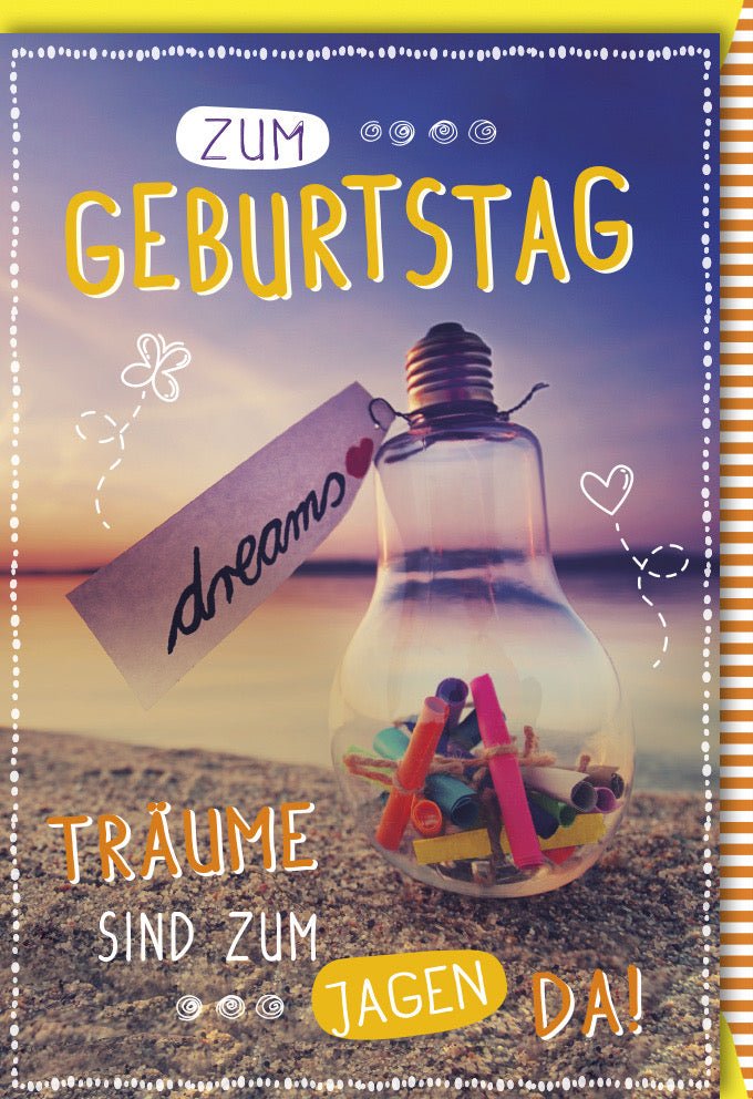 Geburtstagskarte - Glückwunsch Doppelkarte "Meer der Träume" mit Sonnenuntergang & Flaschenpost - Motiv