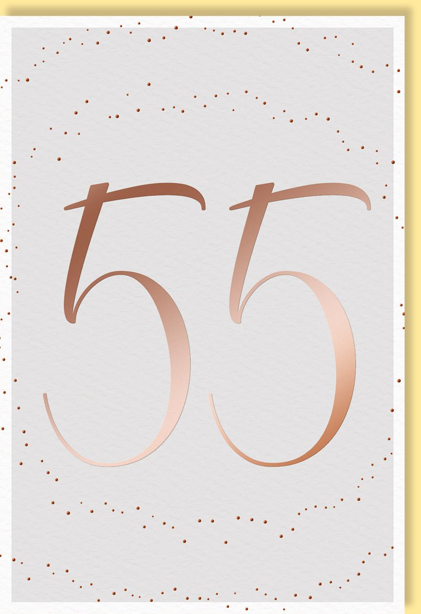 Geburtstagskarte Glückwunschkarte Geburtstag Doppelkarte mit Zahl 55 in Goldoptik und goldenen Punkten auf weißem Hintergrund ideal für den 55 Geburtstag mit Umschlag
