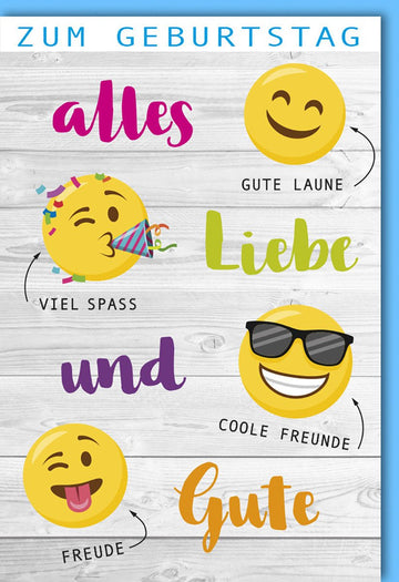 Geburtstagskarte Glückwunschkarte Geburtstag mit Umschlag alles Liebe und Gute Smiley Emoji Motive gute Laune viel Spaß coole Freunde Freude bunte Farben Holzoptik mit Umschlag