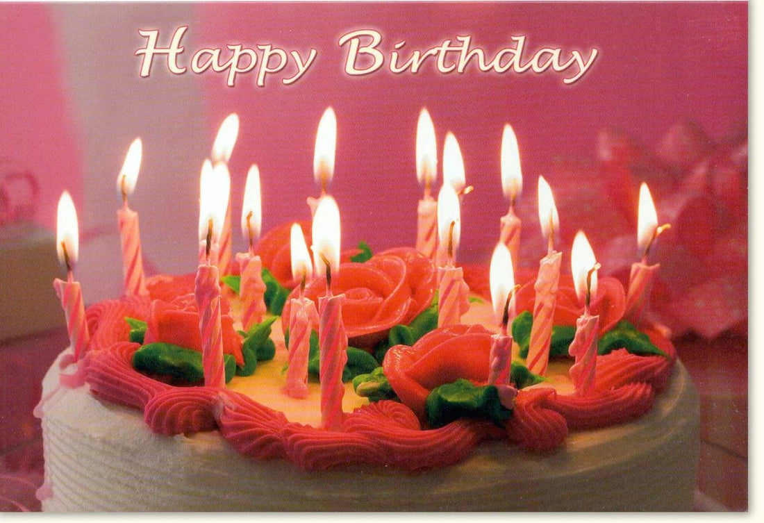 Geburtstagskarte – Glückwunschkarte mit Geburtstagstorte & Kerzen, Rosa Deko, Happy Birthday Festlichkeit, Celebration Greeting Card