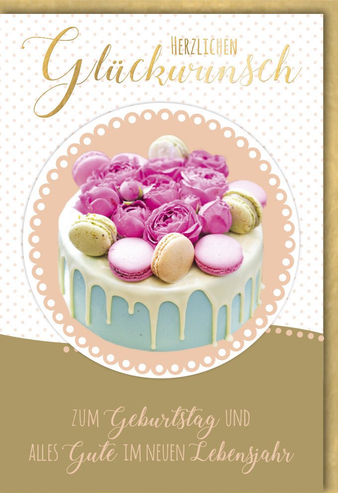 Geburtstagskarte Glückwunschkarte mit Torte und Blumenmotiv Herzlichen Glückwunsch Schriftzug Zum Geburtstag und alles Gute im neuen Lebensjahr Text mit Umschlag