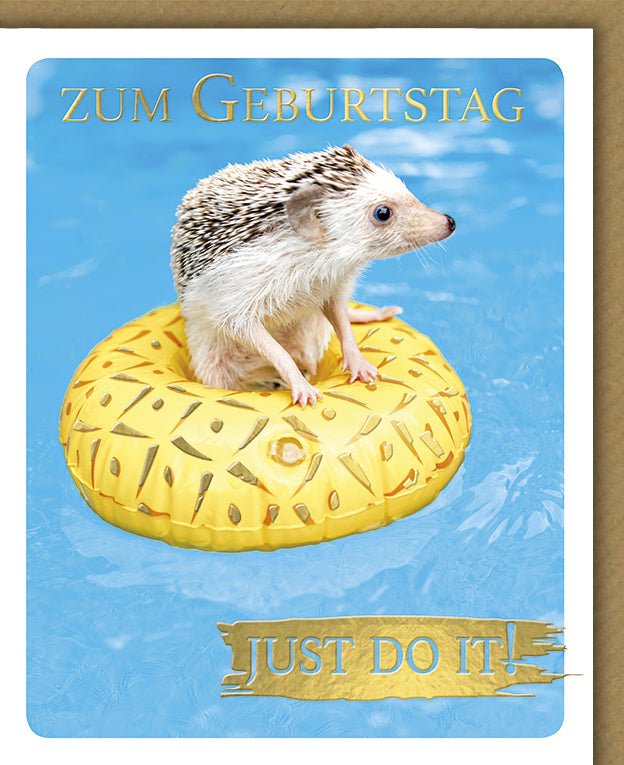 Geburtstagskarte Humor - Glückwunsch Snapshot mit Igel im Schwimmring, Spaßige Festlichkeitskarte "Just Do It"