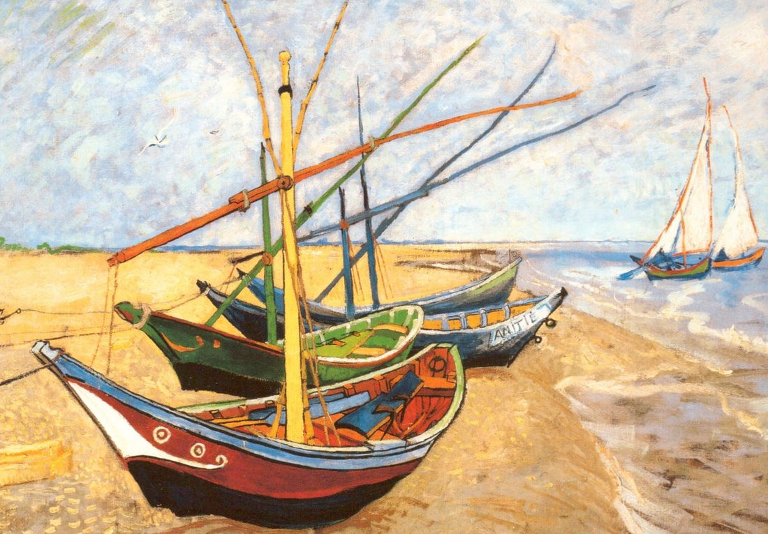 Geburtstagskarte Kunstliebhaber - Van Gogh "Fischerboote am Strand von Saintes - Maries" Kunstkarte, Blanko Postkarten - Set, Impressionismus Malerei, Meer Küste Segelboote, Künstlerisches Gemälde