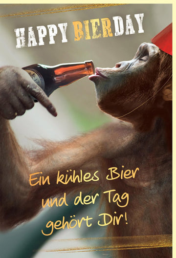 Geburtstagskarte Lustig Affe mit Bier - Goldfolie Humorvolle Glückwunschkarte, Tiermotiv für Erwachsene, Männer & Frauen, Braun/Grün/Gold - Party Cheers Prost Toast, Witzige Geschenkidee mit Überraschungseffekt