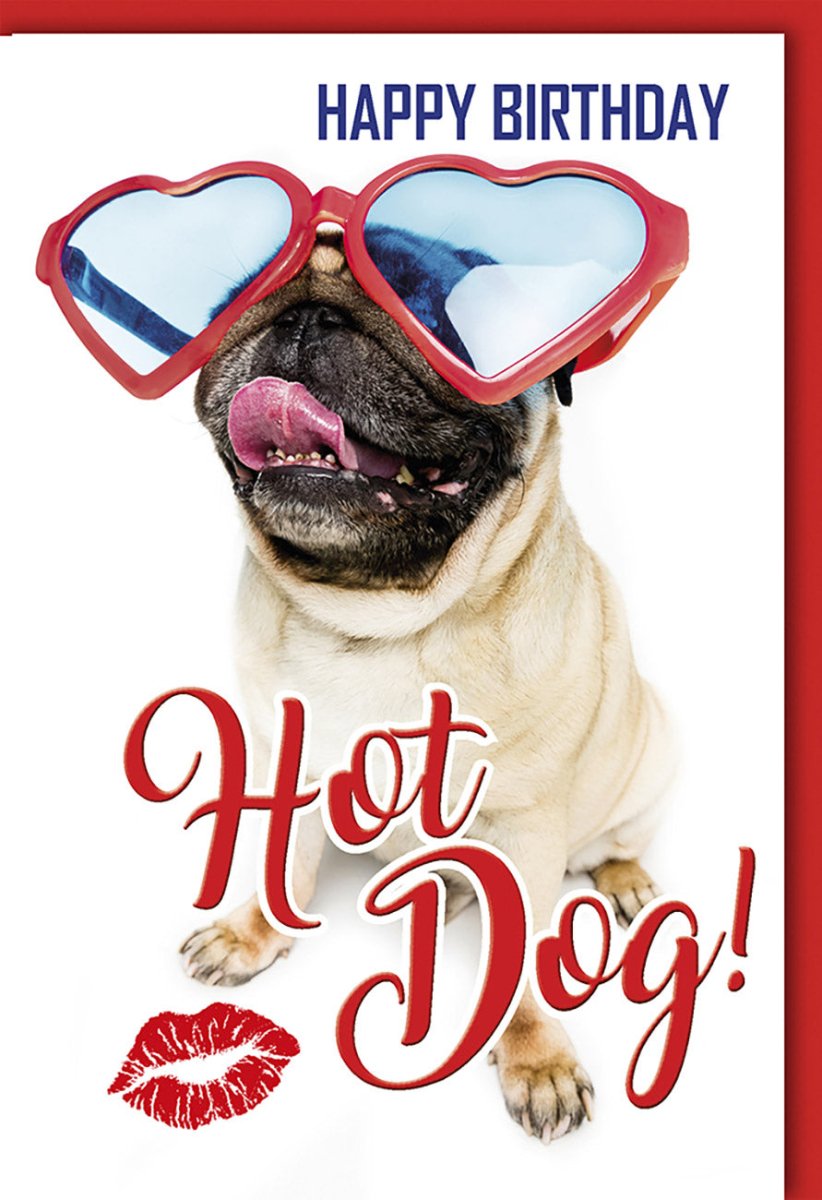 Geburtstagskarte Lustig mit Mops - Witzige Doppelkarte mit Hund, Brille & Hot Dog Motiv - Humorvolle Grußkarte für Spaß & Lachen, Glückwunsch zur Feier - Party Geburtstagsglückwünsche Karte