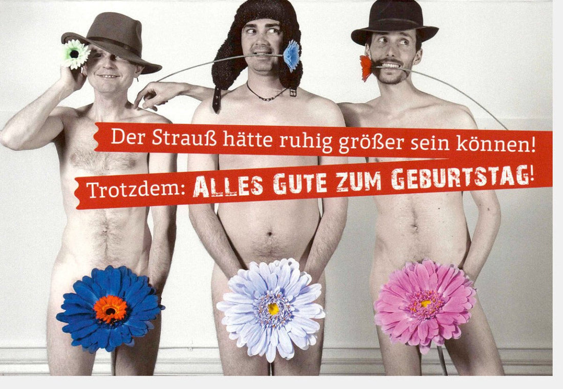 Geburtstagskarte Lustig mit Strauß - Humorvolle Glückwünsche, Witzige Blumen & Spaßiges Wortspiel, Überraschungsparty Karte mit Zensiertem Nackt - Motiv, Originell & Kreativ für Unerwartete Freude