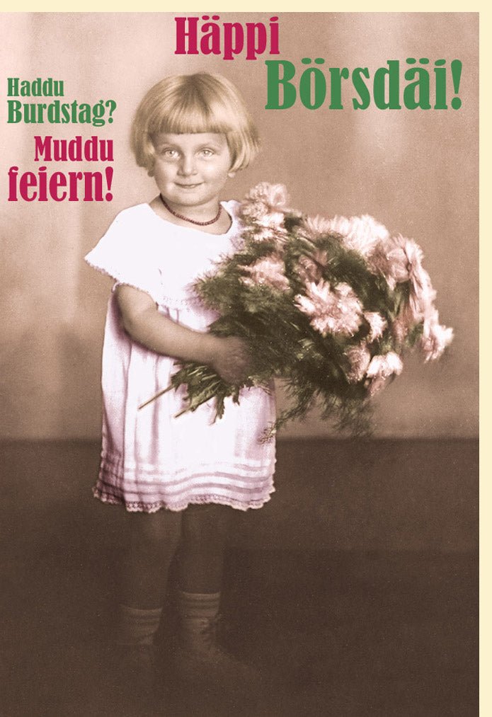 Geburtstagskarte Lustig Retro - "Häppi Börsdäi" Witzige Vintage Doppelkarte mit Sepia & Rosa Tönen, Humorvolle Gratulationskarte für Erwachsene, Freunde zum Feiern - "Haddu Burdstag Muddu" Design