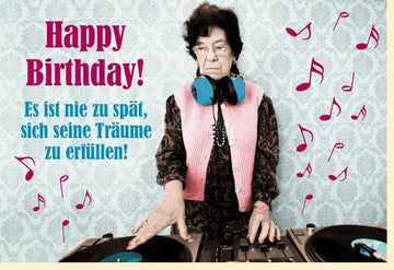 Geburtstagskarte Lustig Retro - Witzige DJ Oma mit Spruch, Träume Erfüllen Musik Motiv, Vintage Humor Doppelkarte für Geburtstagsglückwünsche, Origineller Spaß & Feier - Einzigartige Grußkarte