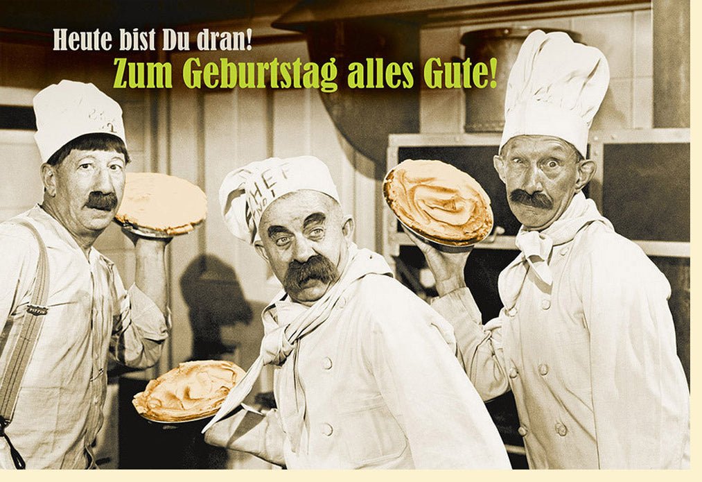 Geburtstagskarte Lustig Retro - Witzige Doppelkarte mit Kuchen & Chefs Spruch, Vintage Humor Glückwunsch, Spaßige Gratulation für Feier & Party