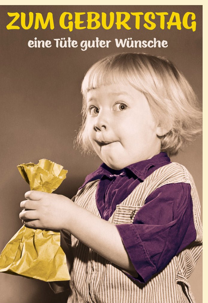 Geburtstagskarte Lustig Retro - Witzige Glückwunschkarte mit Spruch & Vintage Charme, Nostalgische Happy Birthday Doppelkarte für Kinder & Erwachsene, Spaßige Geburtstagsgrüße mit Tüte Motiv