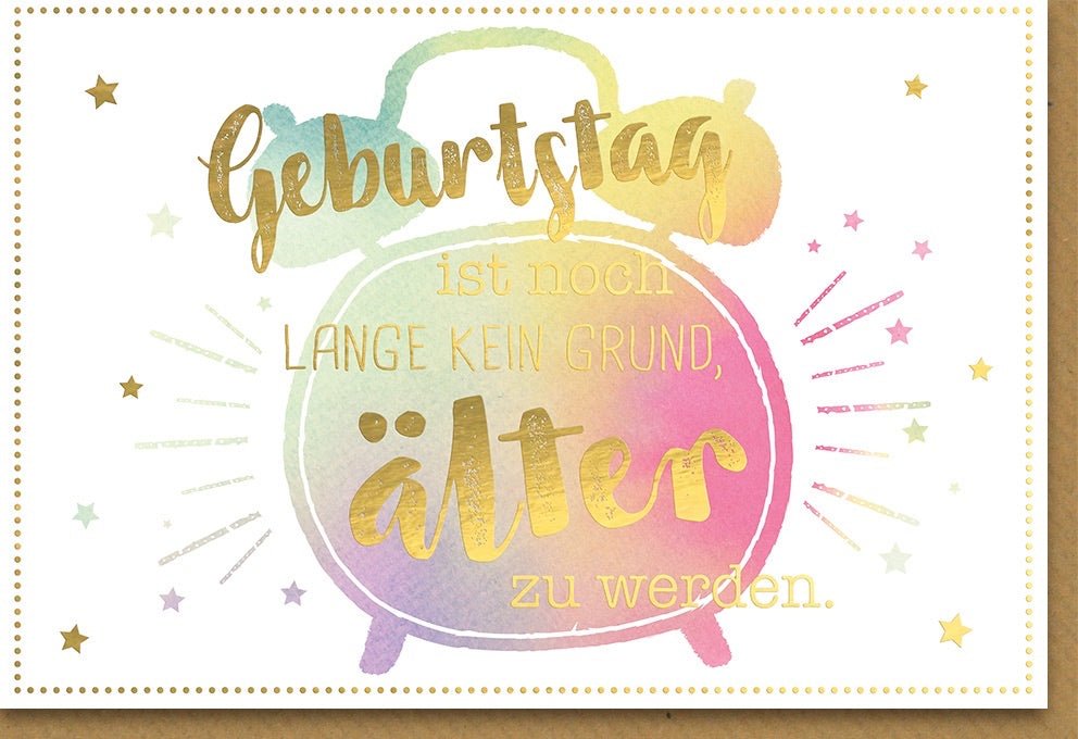 Geburtstagskarte Lustig - Wecker Aquarell Design, Farbenfrohe Glückwunsch Doppelkarte mit Humorvollem Spruch, Witz & Spaß zum Alter Scherz