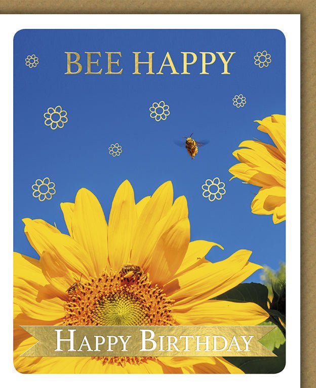 Geburtstagskarte – Lustige Glückwunschkarte mit Bienen & Sonnenblumen, "Bee Happy" Wortspiel, Gelb - Blauer Himmel, Naturmotiv für Sommerfest & Feier