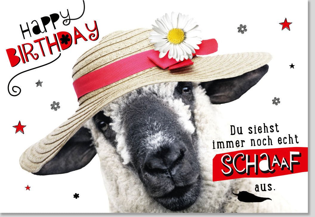 Geburtstagskarte Lustiges Schaf mit Sonnenblume - Witzige Grußkarte mit Humor, Tiermotiv in Strohhut, Rot - Weiß - Schwarz Design, Schriftzug für Feier & Party - Perfekte Geschenkidee für Freunde, Familie, Erwachsene & Jugendliche