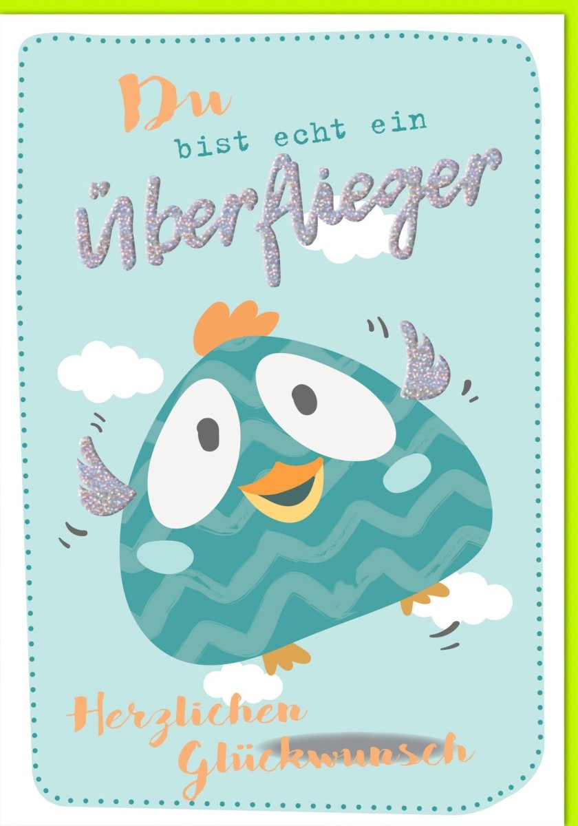 Geburtstagskarte Maxi XXL A4 - Türkis Vogel Glitzer Überflieger Design, Bunte Große Karte mit Herzlichen Glückwunsch, Ideal für Feier & Festlichkeit Gratulation