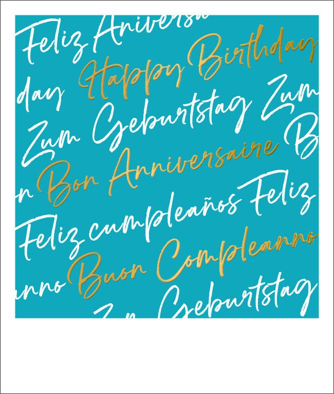 Geburtstagskarte - Mehrsprachiges "Happy Birthday" mit Goldfolie, Elegante Glückwunschkarte in Türkis, Handschrift - Design