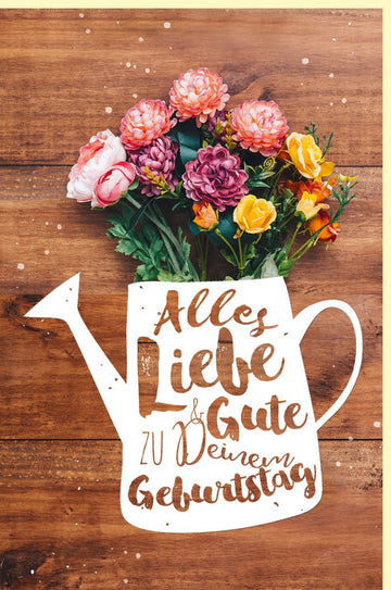 Geburtstagskarte mit Blumenstrauß & Gießkanne Design - Florale Glückwünsche auf Holzhintergrund, Rosa Gelb Lila Pastellfarben, Ideales Geschenk für Erwachsene Frauen, Doppelkarte mit Umschlag
