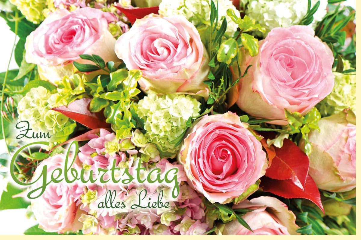 Geburtstagskarte mit Blumenstrauß - Rosa Rosen & Florales Muster, Farb ...